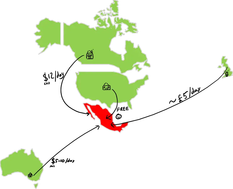 A map to roaming costs in Mexico (drawn by me!)