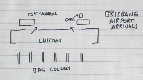 Brisbane airport arrivals sketch, Vodafone and Optus are hidden behind shops