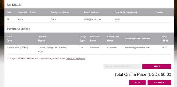 Screenshot of the Plaza Premium gift card booking process
